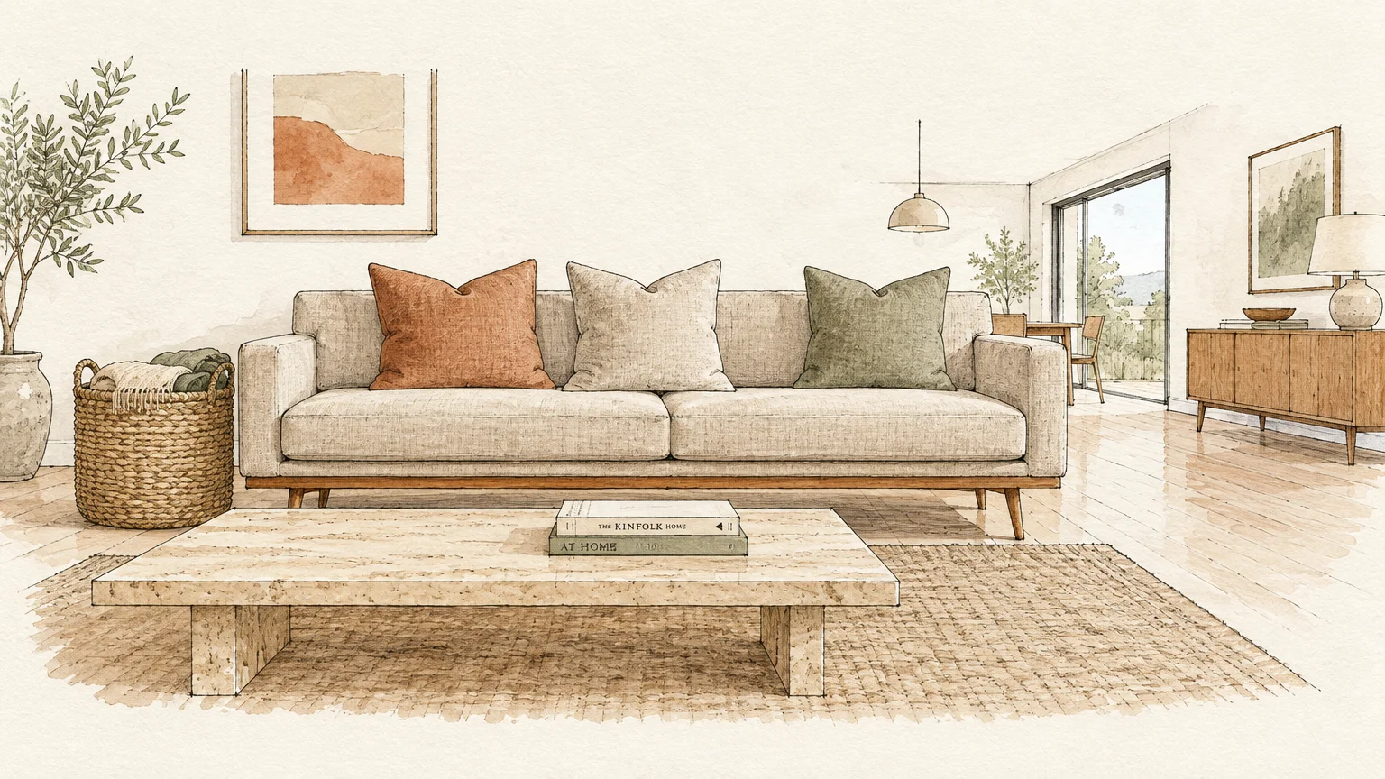 Watercolor sketch of a bright living room featuring a sofa with three plump cushions, low coffee table, and woven basket.