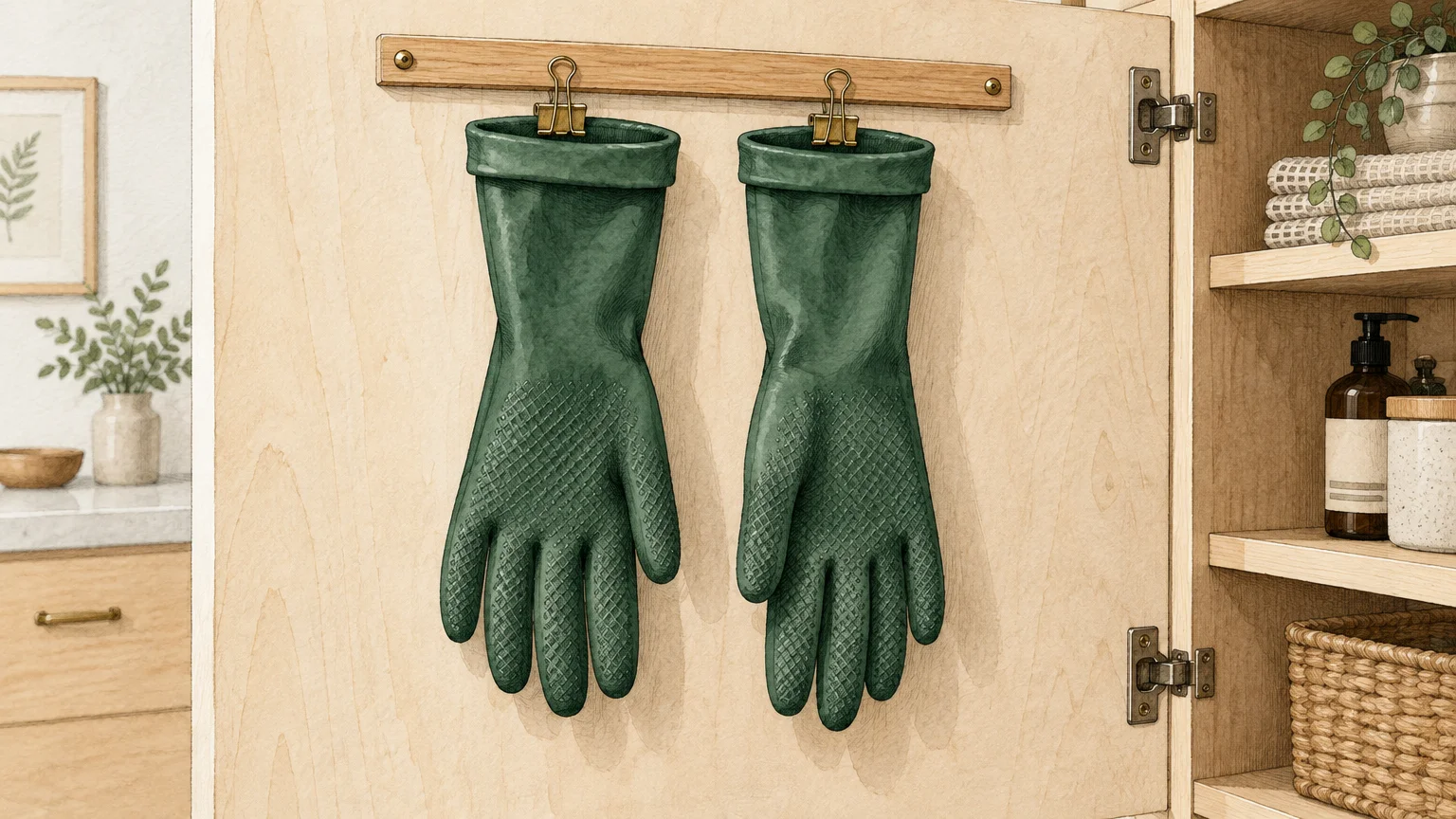 Green textured cleaning gloves clipped to a wooden strip inside an open cabinet door, rendered in ink and watercolor.