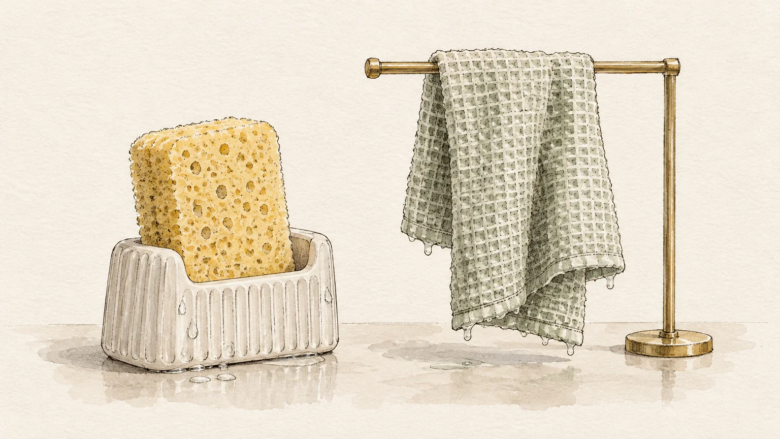 Watercolor illustration of a yellow sponge in a ceramic holder next to a wet dishcloth hanging on a small brass rack.