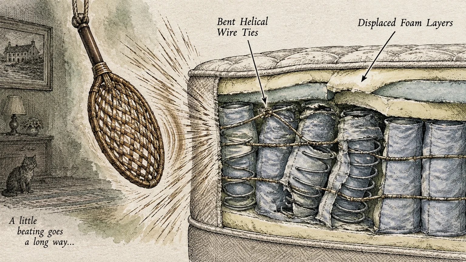 Illustration of a rug beater striking a mattress, showing cutaway damage to internal springs and foam layers.