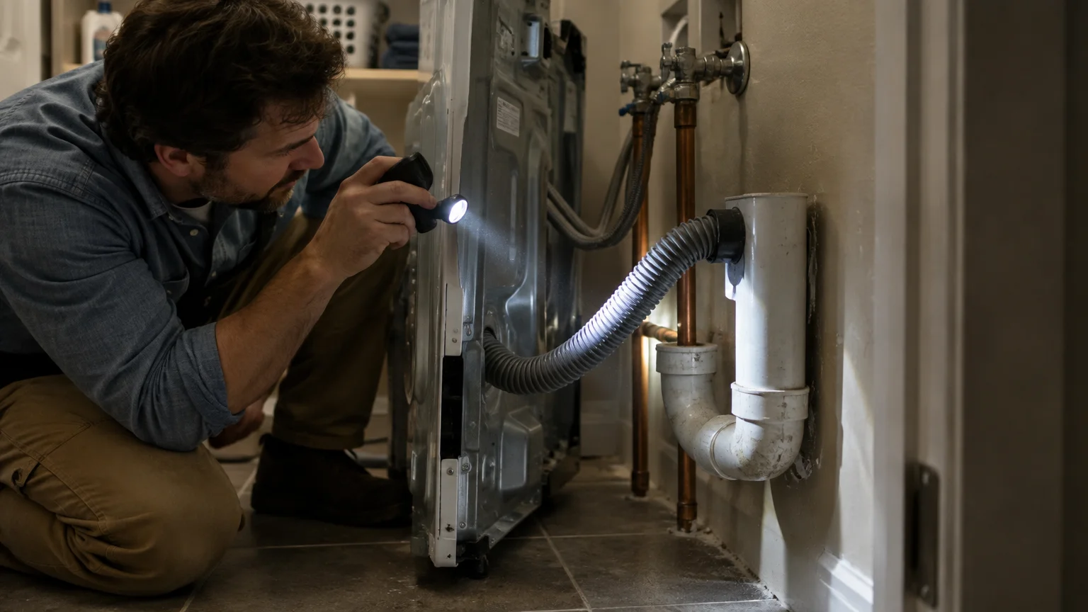A man kneeling down with a flashlight inspecting the corrugated drain hose and white PVC pipe behind a washing machine.
