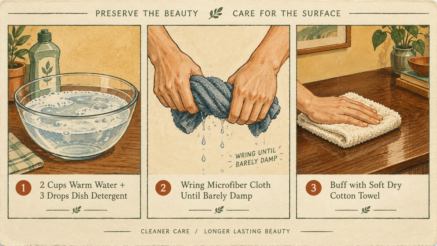Three-panel illustration showing soapy water, hands wringing out a cloth, and a hand buffing a wood table with a towel.