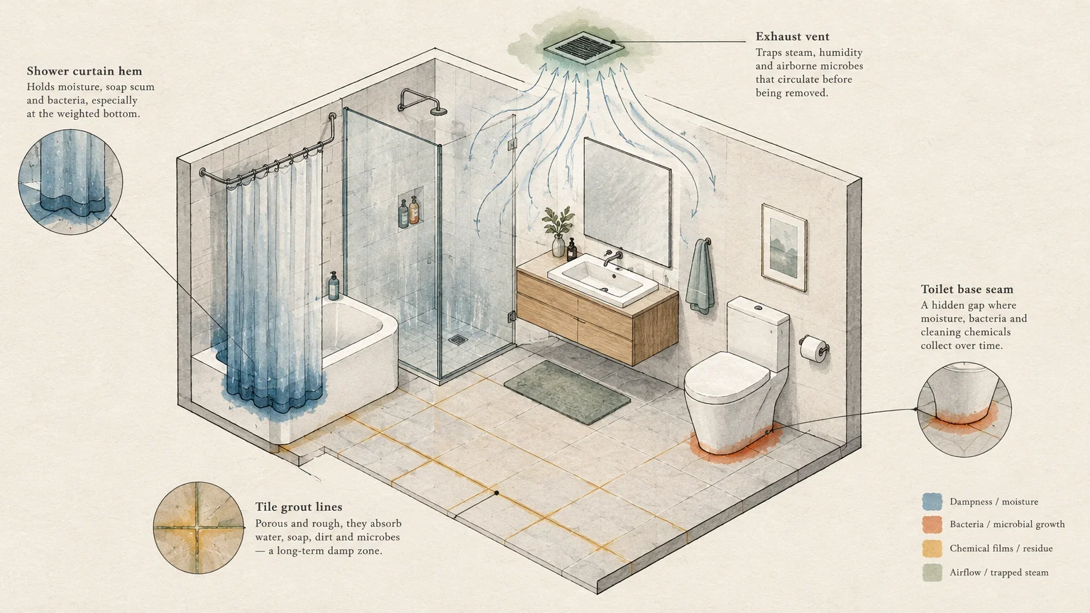 Cutaway illustration of a bathroom diagramming hidden grime, moisture, and bacteria zones around fixtures.