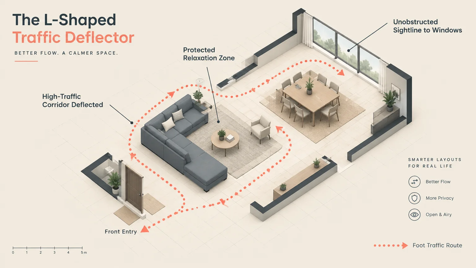 3D floor plan diagram showing an L-shaped sofa guiding orange dotted foot traffic arrows around a living and dining area.