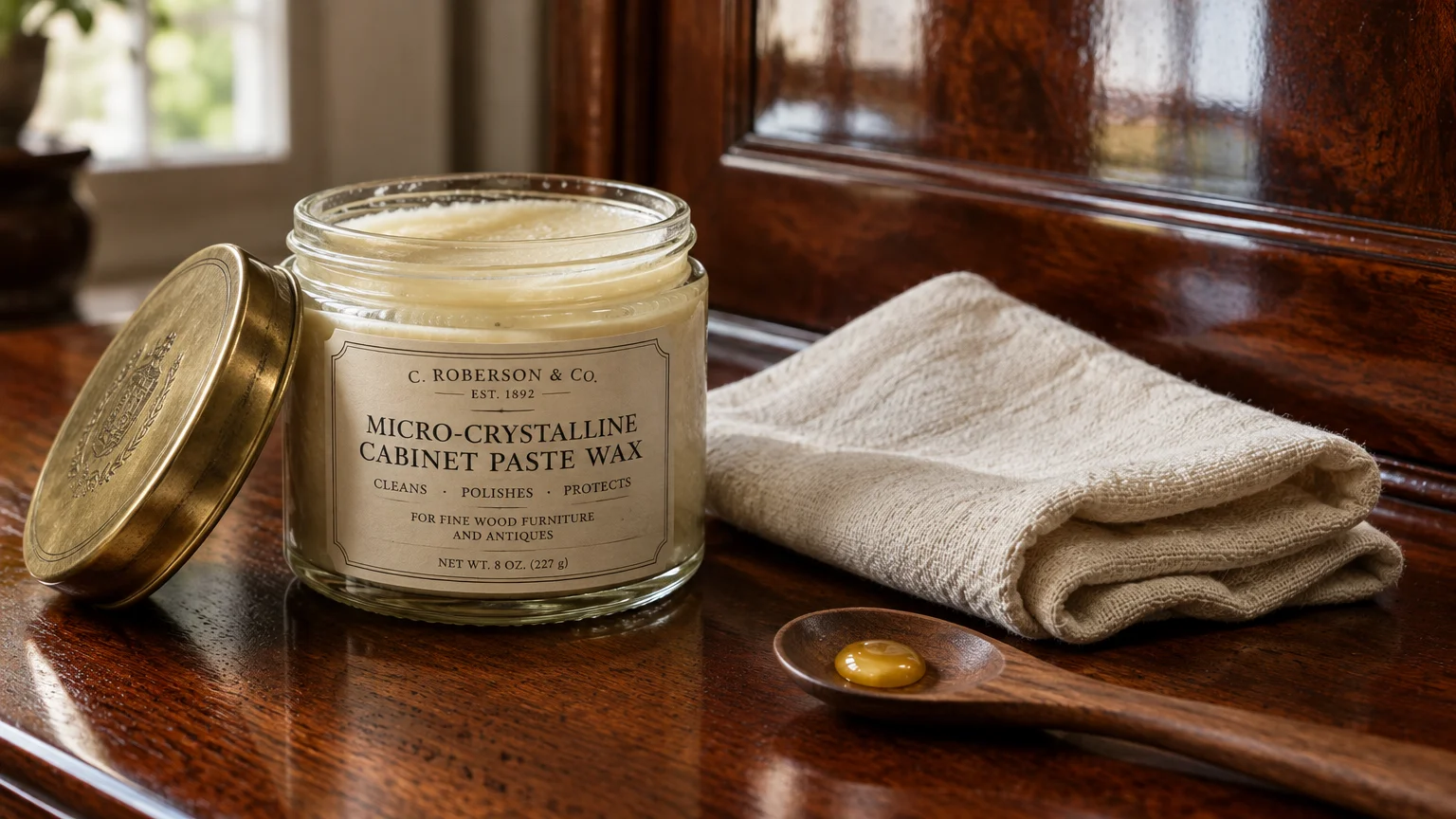 Glass jar of cabinet paste wax with a folded cloth, brass lid, and wooden spoon on polished wood furniture.