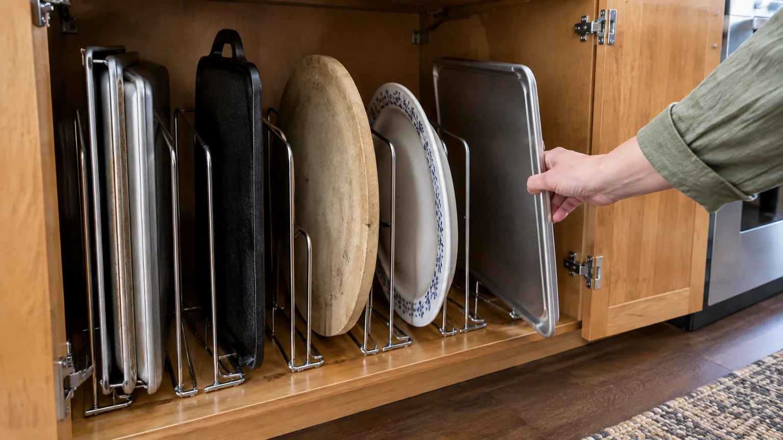 Hand pulling a metal baking sheet from wire dividers holding pans, a pizza stone, and a platter inside a wooden cabinet.