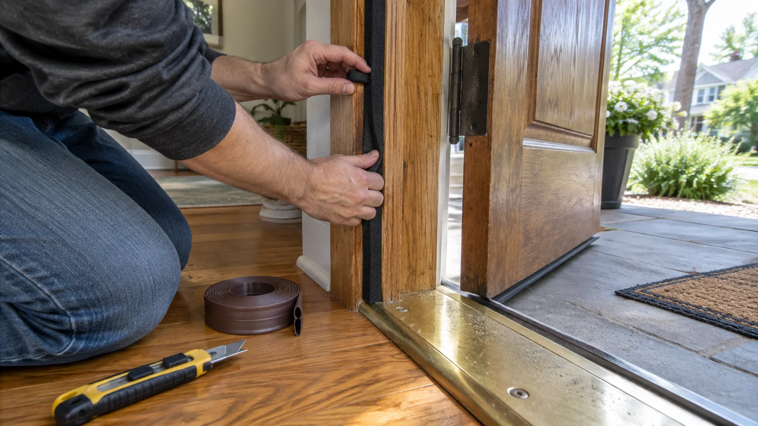 A person kneeling on hardwood floor installs black foam weatherstripping along the wooden jamb of an open exterior door.