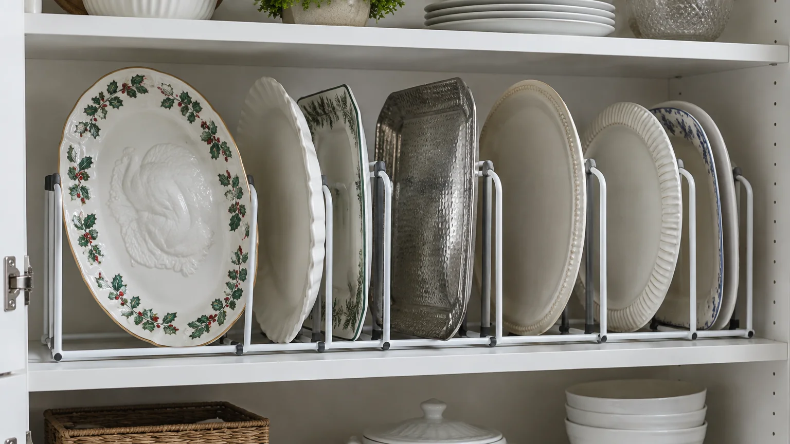 Various decorative serving platters and trays stored upright in a white wire divider rack inside a cabinet.