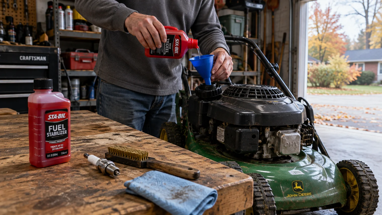 A man pours red fuel stabilizer through a blue funnel into a green lawn mower tank in a garage workshop.