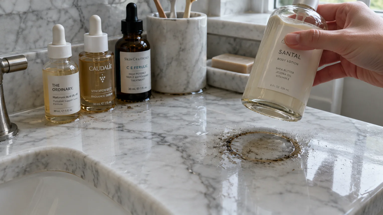 A hand lifts a bottle from a marble countertop, revealing a grime ring left behind on the surface.