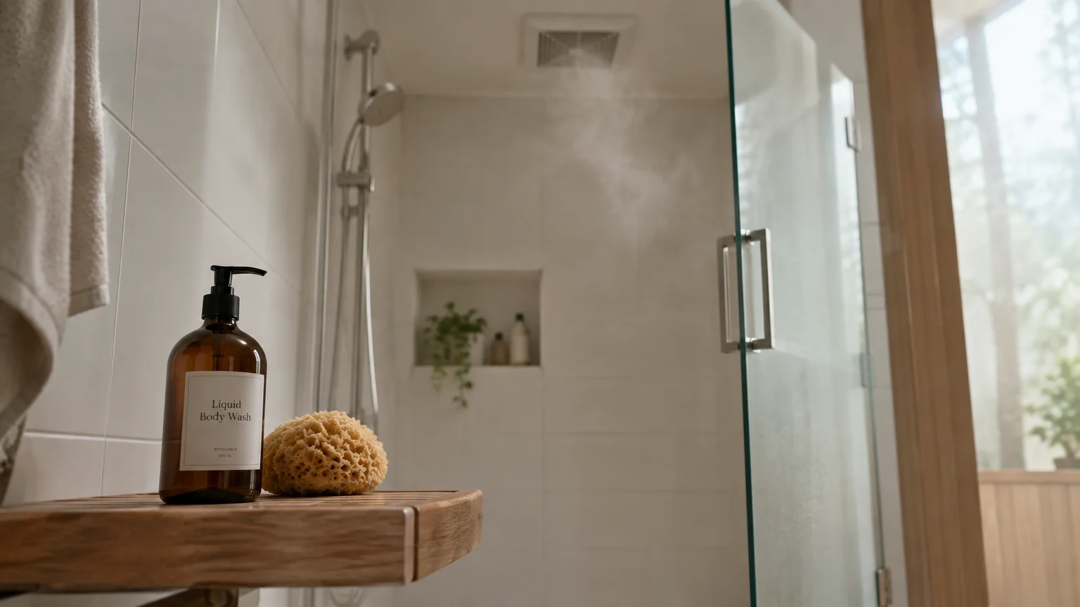 Amber bottle of liquid body wash and a sponge beside a glass shower door with steam rising toward a ceiling exhaust fan.