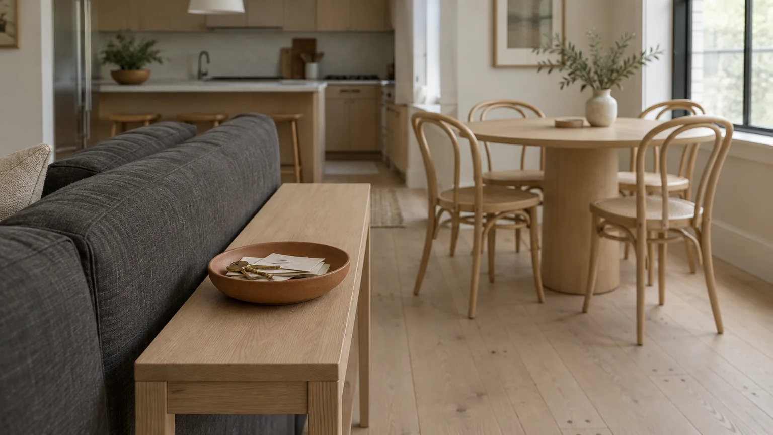 Wooden console table behind a grey sofa holding a ceramic bowl, with a round dining table and chairs in the background.