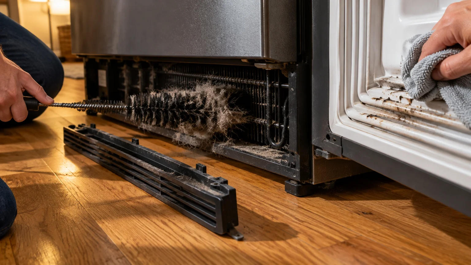 A person brushing dusty refrigerator coils behind a removed front grille while wiping down a dirty door gasket with a cloth.