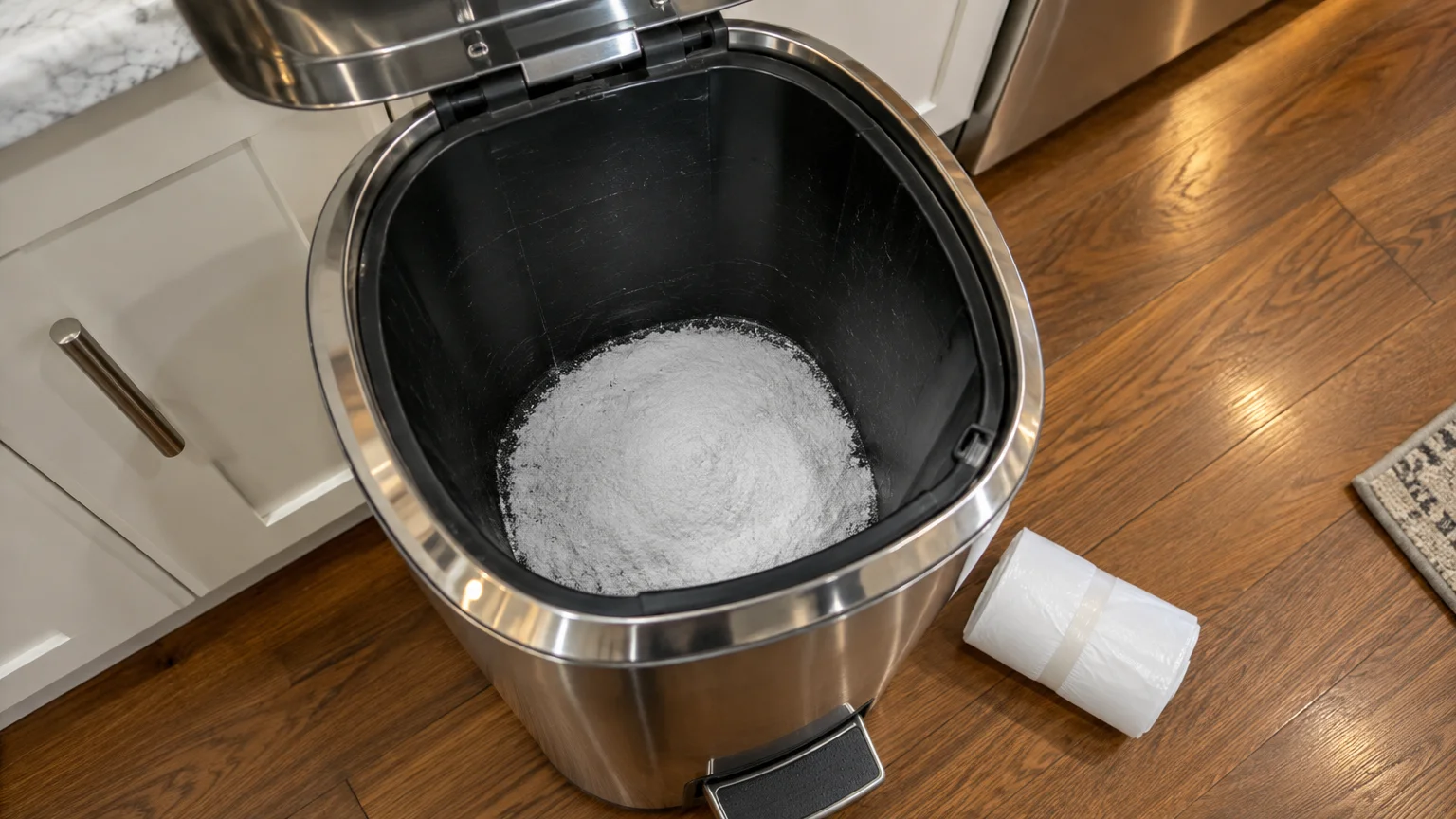 An open stainless steel kitchen trash can with white baking soda powder covering the black interior bottom.