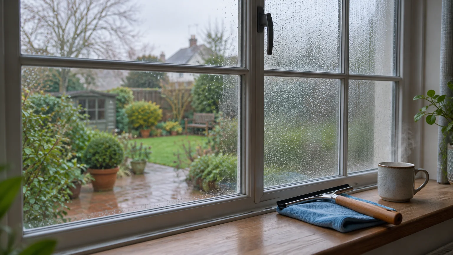 A window overlooking a wet garden, with a squeegee, cleaning cloth, and steaming mug resting on the wooden sill.