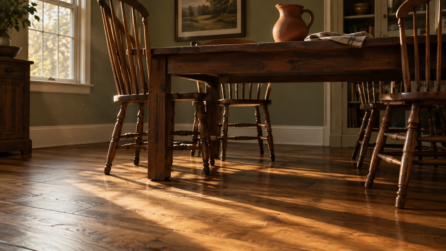 Low-angle view of a wooden dining table and spindle-back chairs on hardwood floors bathed in sunlight.