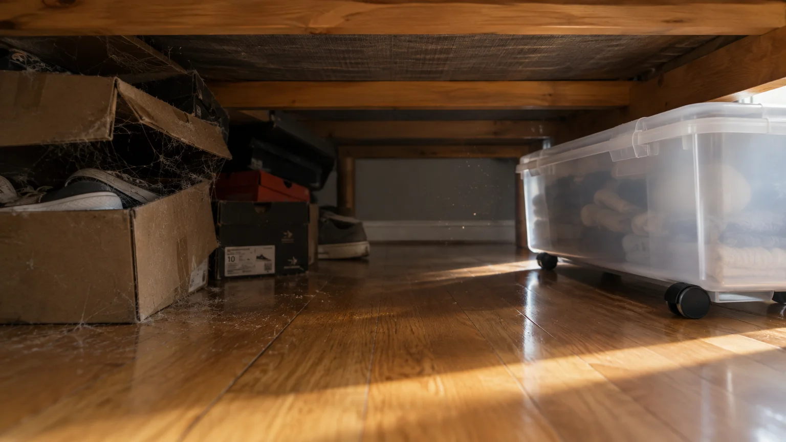 Dusty cardboard shoe boxes covered in cobwebs sit opposite a clear plastic rolling storage bin under a wooden bed frame.