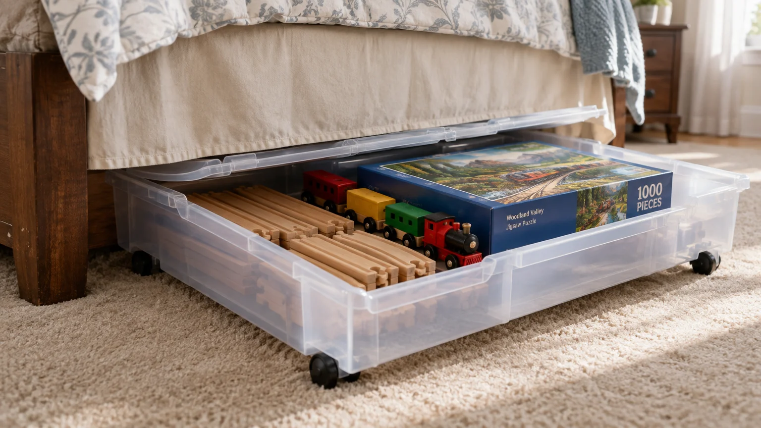 Clear plastic rolling storage bin pulled out from under a wooden bed frame, filled with wooden train tracks and a puzzle box.