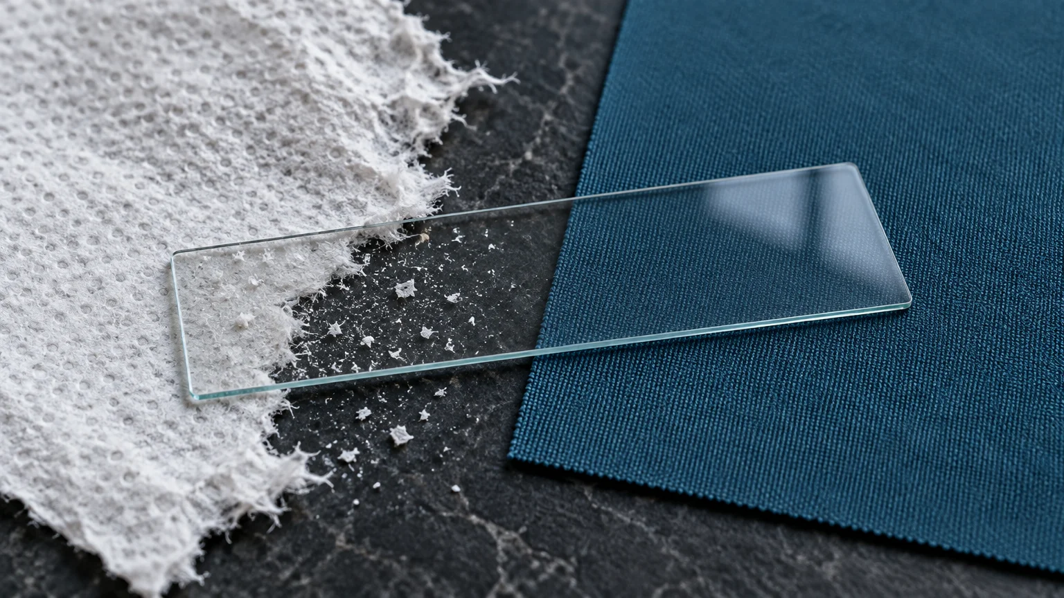 A rectangular glass slide placed over a frayed white paper towel shedding particles and a clean blue microfiber cloth.