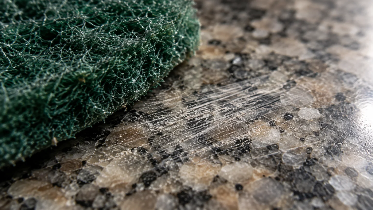 Close-up of a green scouring pad resting on a granite countertop beside deep, cloudy surface scratches.