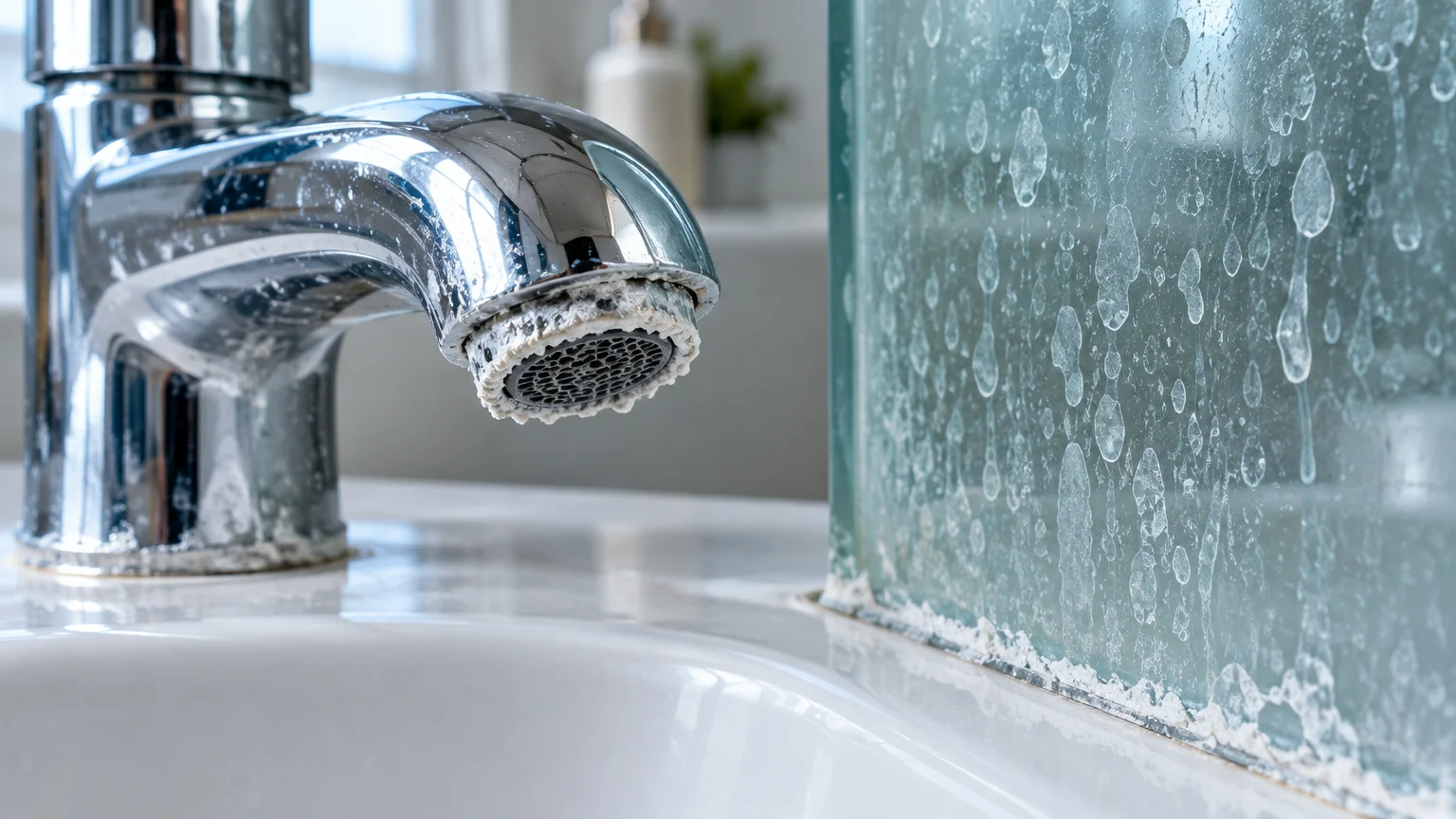 Chrome bathroom faucet covered in white limescale buildup next to a glass panel spotted with dried water marks.