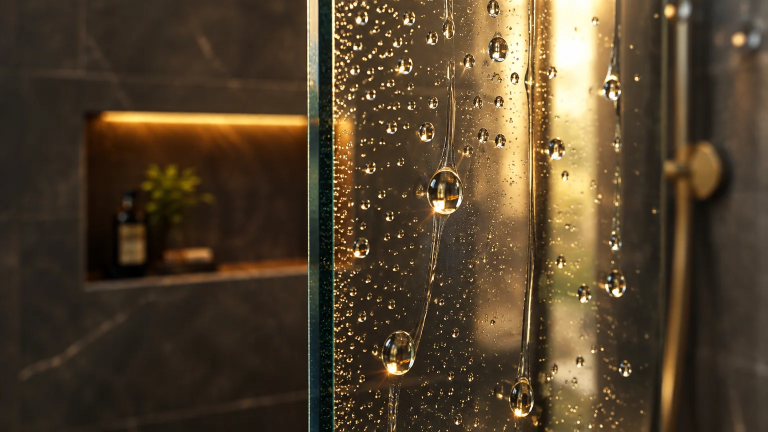 Close-up of water droplets and dripping streams beading on clear glass in a warm-lit shower.