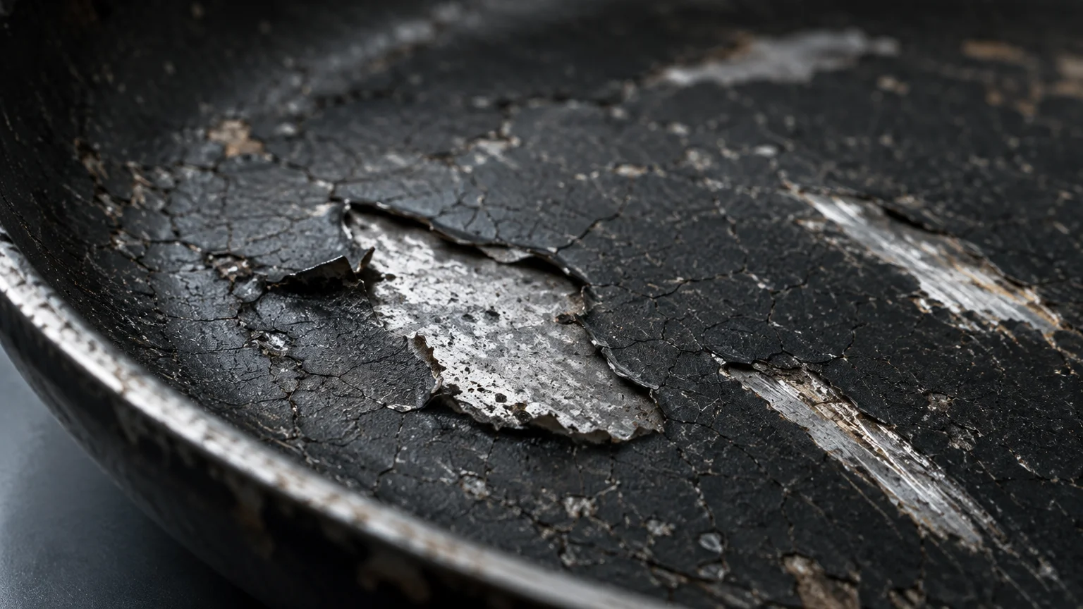 Close-up of a worn non-stick pan with severely cracked, peeling coating revealing bare metal underneath.