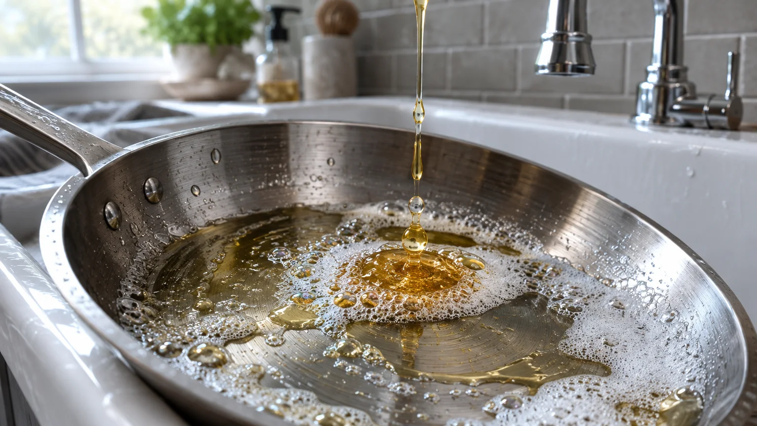 Golden liquid pouring into a stainless steel skillet with soapy suds inside a kitchen sink.