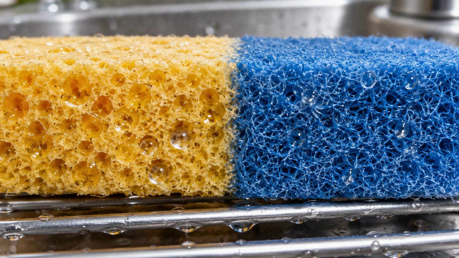 Close-up of a wet dual-sided sponge with a yellow porous cellulose side and a blue fibrous scouring side on a metal rack.