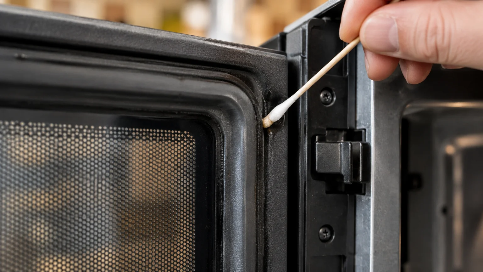 A person cleans grease along a black microwave door rubber gasket using a cotton swab.