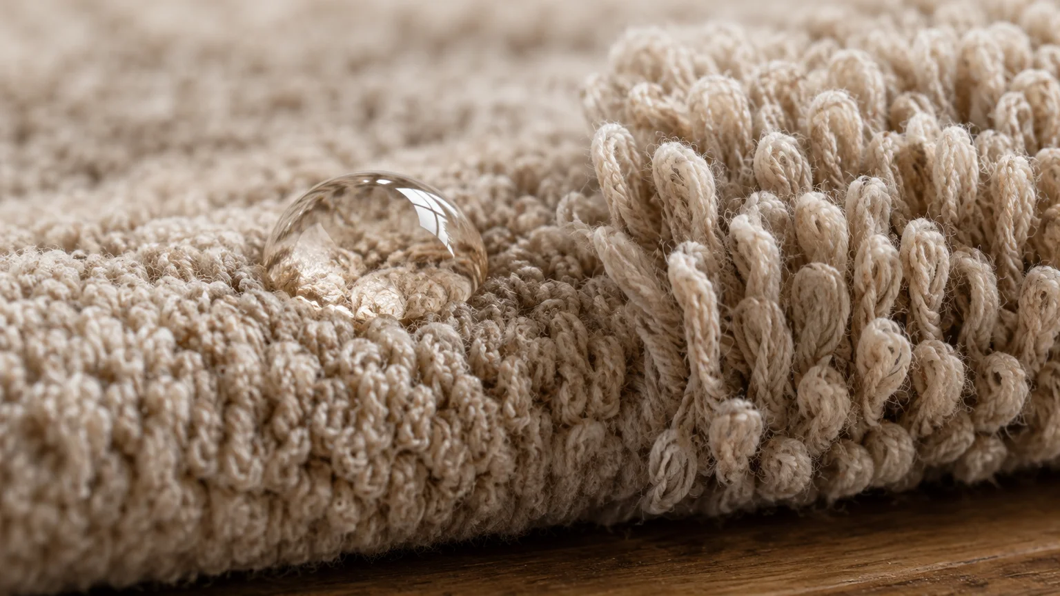 Close-up of a clear water droplet beading up on the textured surface of a beige terry cloth towel.