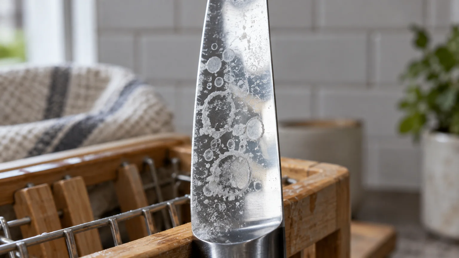 Close-up of dried, chalky white water spots covering the metal blade of a knife resting in a wooden dish rack.
