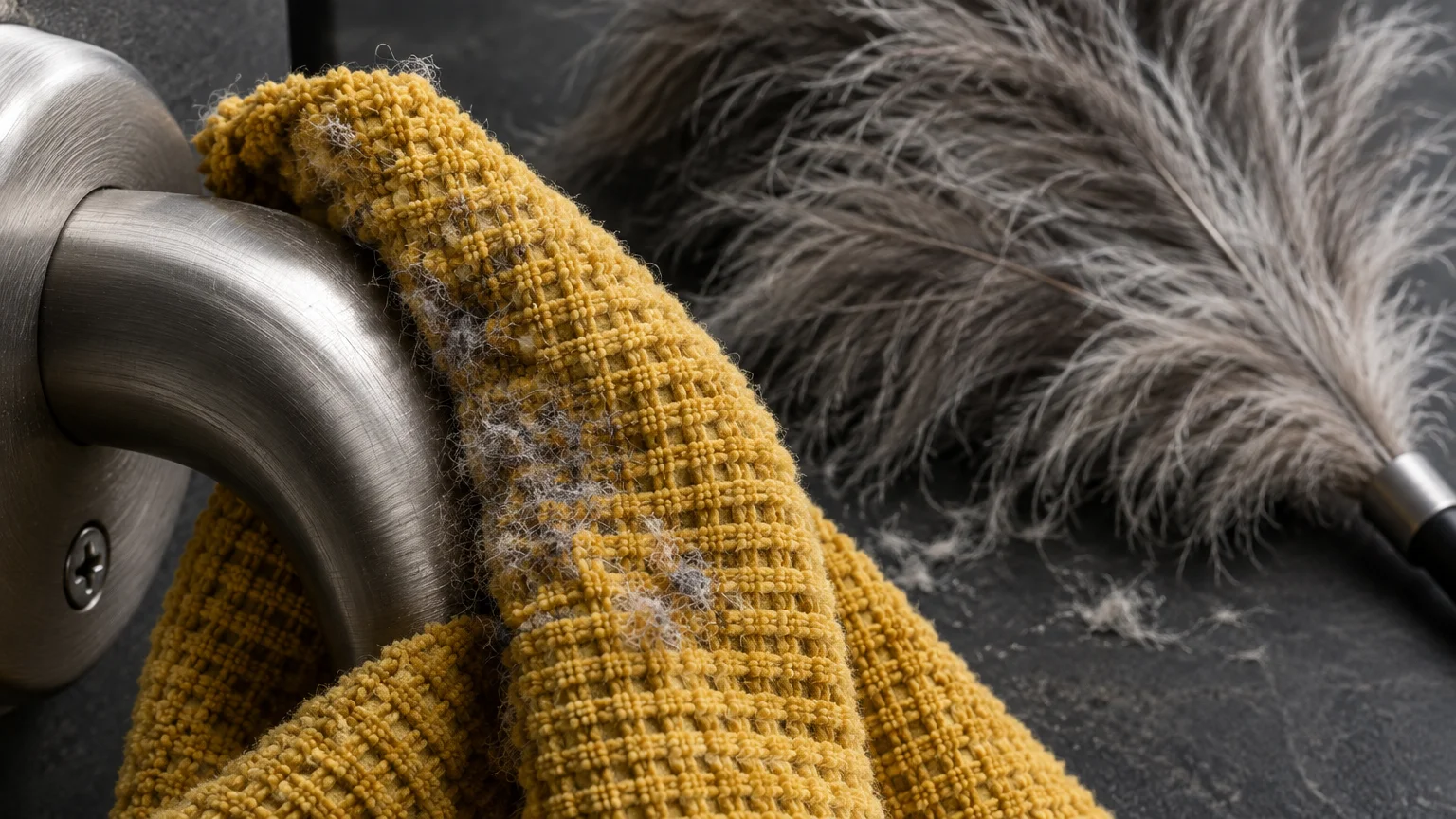 A dusty yellow waffle-weave microfiber cloth rests on a metal handle next to a grey feather duster on a dark surface.