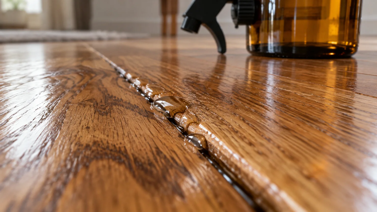 Liquid cleaner pooling inside the groove between two wooden floor planks beside an amber spray bottle.