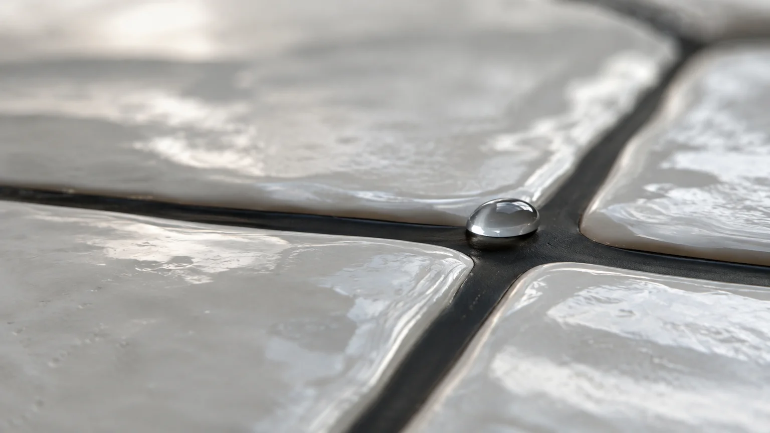 Close-up of glossy off-white tiles with dark grout lines and a single round water droplet resting on an intersection.
