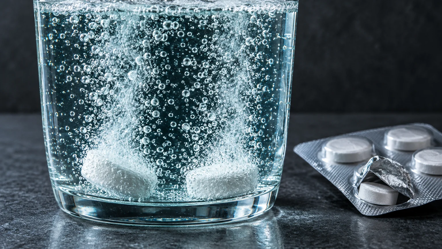 Two white tablets dissolving with bubbles inside a glass of water beside a foil blister pack on a dark surface.