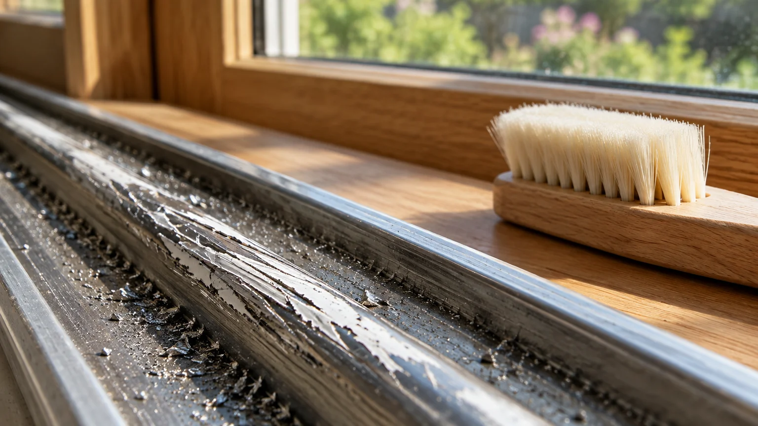 Flaking paint and metal shavings along a scratched window track next to a wooden cleaning brush on a sill.