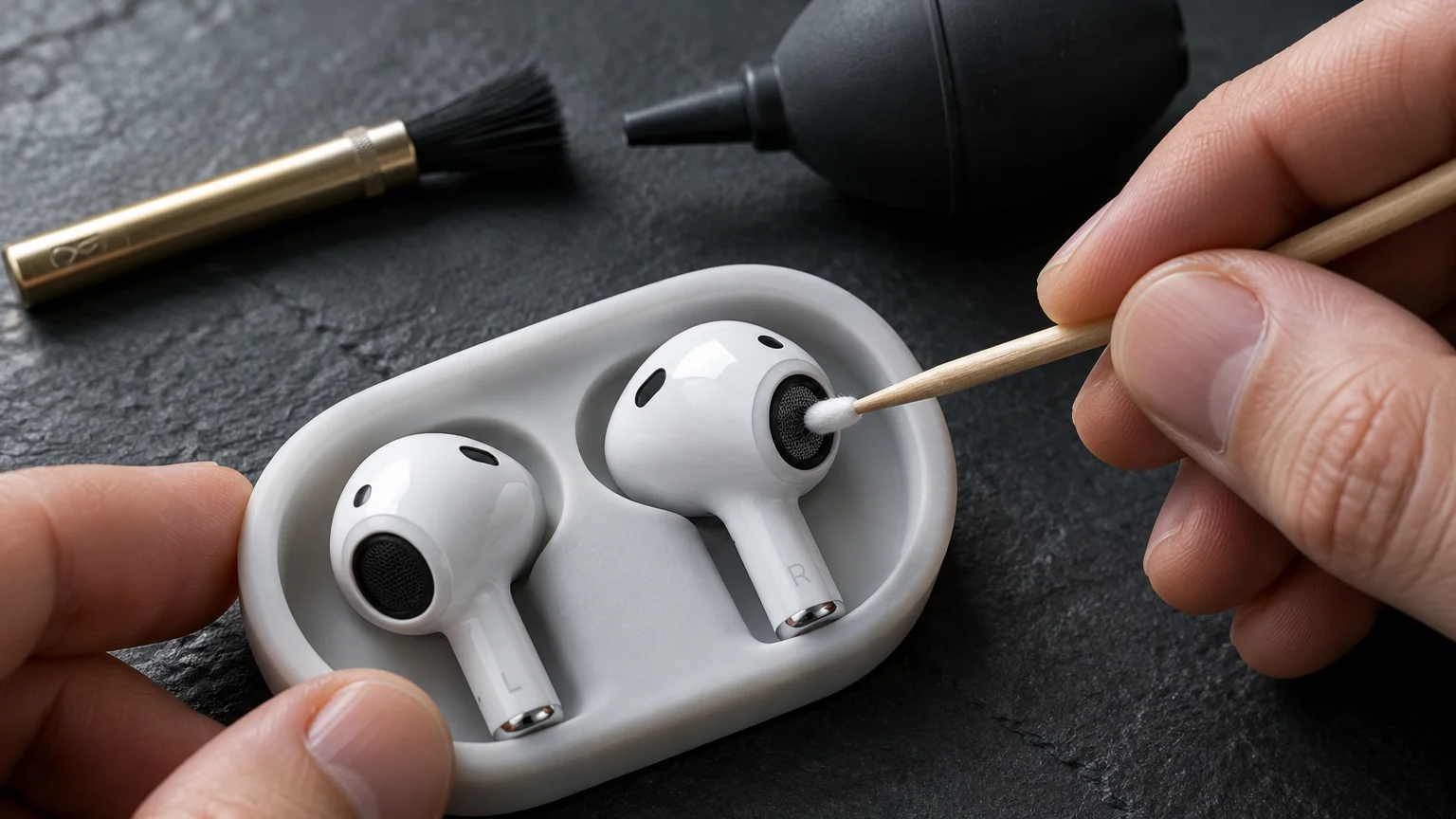 A person using a small wooden cotton swab to clean the black speaker mesh of a white wireless earbud resting in a holder.