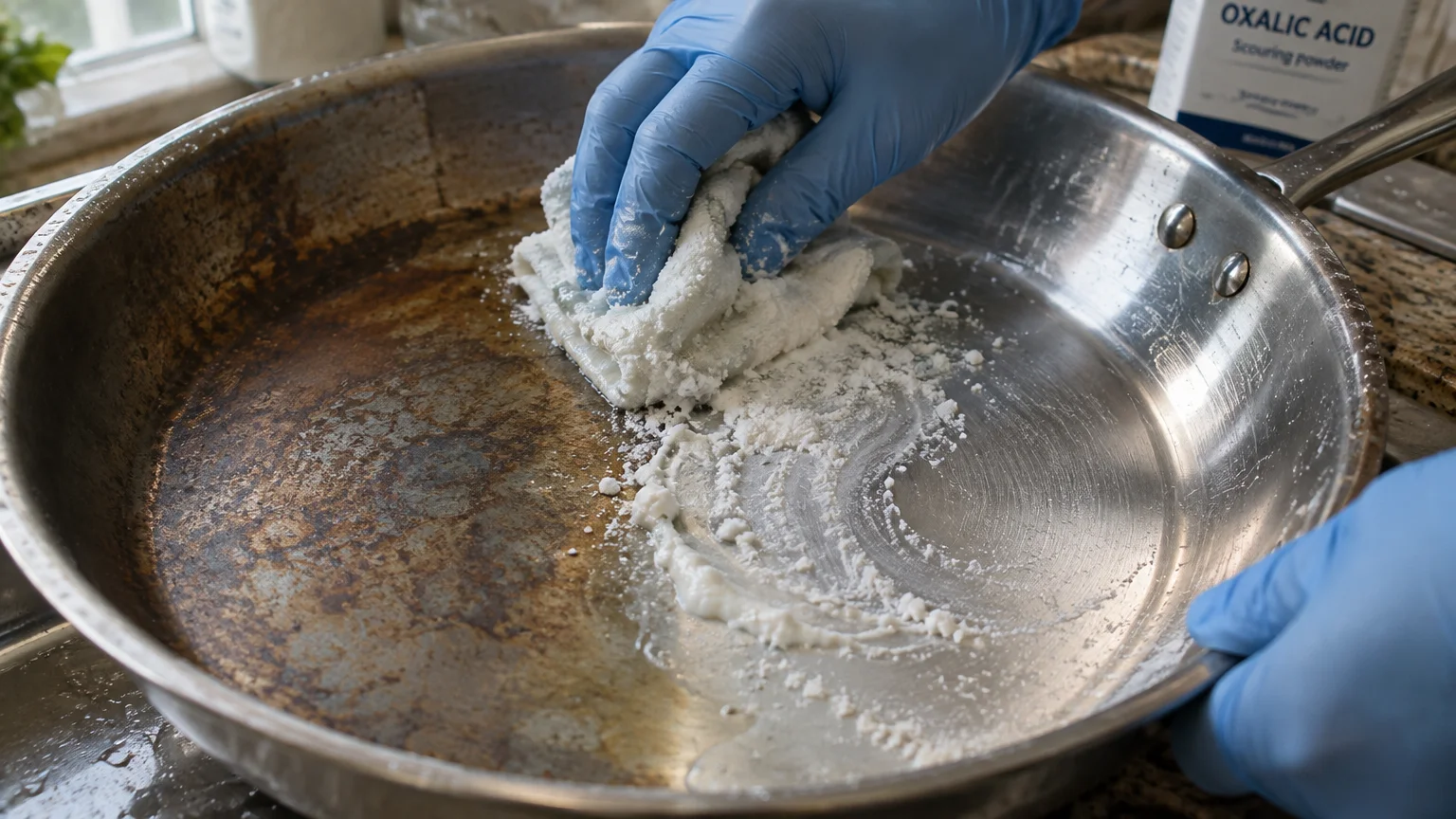 Gloved hands scrub a burnt stainless steel pan with white scouring powder and a rag next to an oxalic acid container.