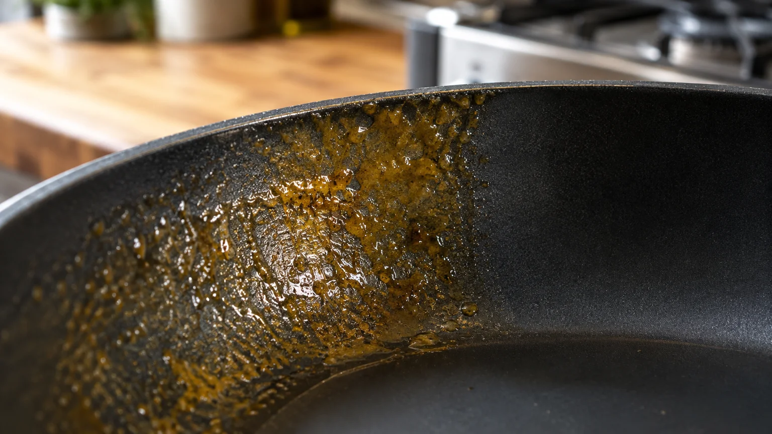 Sticky, brown baked-on oil residue along the interior curved rim of a black non-stick frying pan.