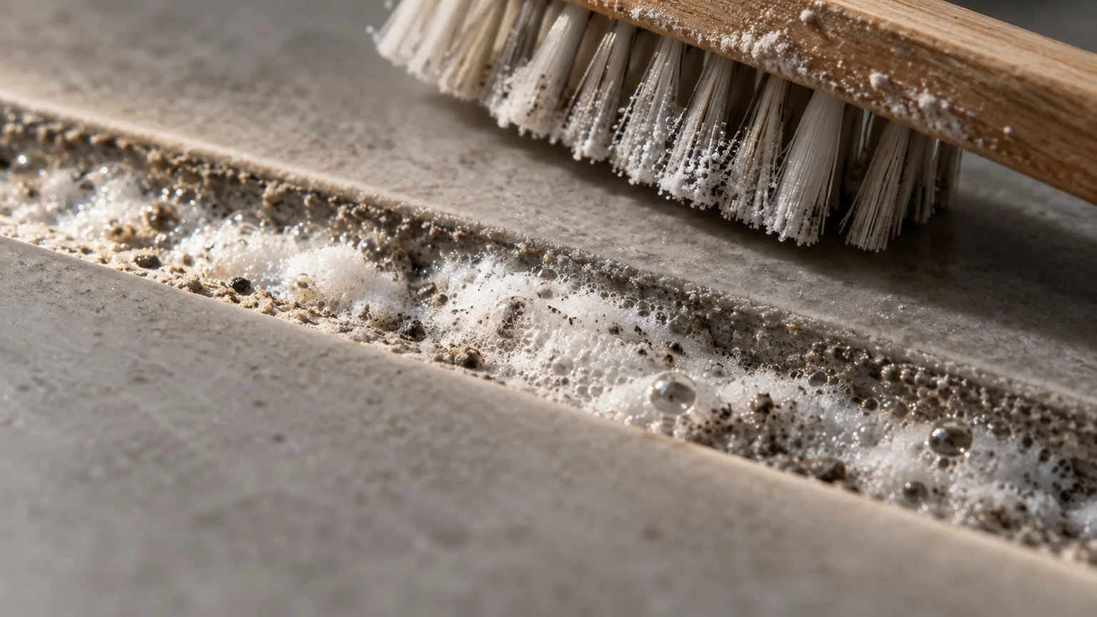 Foaming cleaning solution bubbling inside a tile grout line beside a wooden scrub brush.