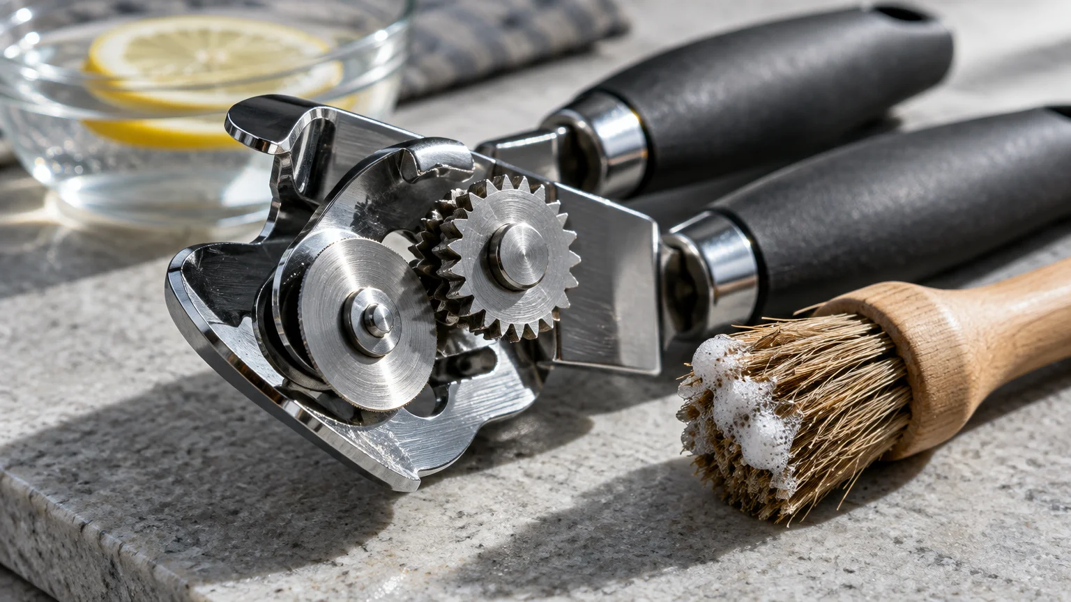 A stainless steel can opener beside a soapy cleaning brush and a bowl with lemon slices on a stone counter.