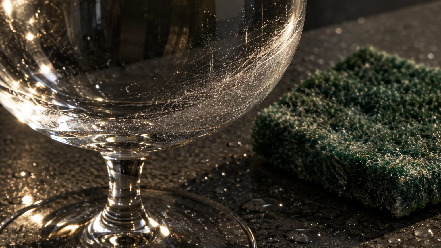 Scratched glass goblet sitting next to a green abrasive scouring pad on a wet, dark countertop.