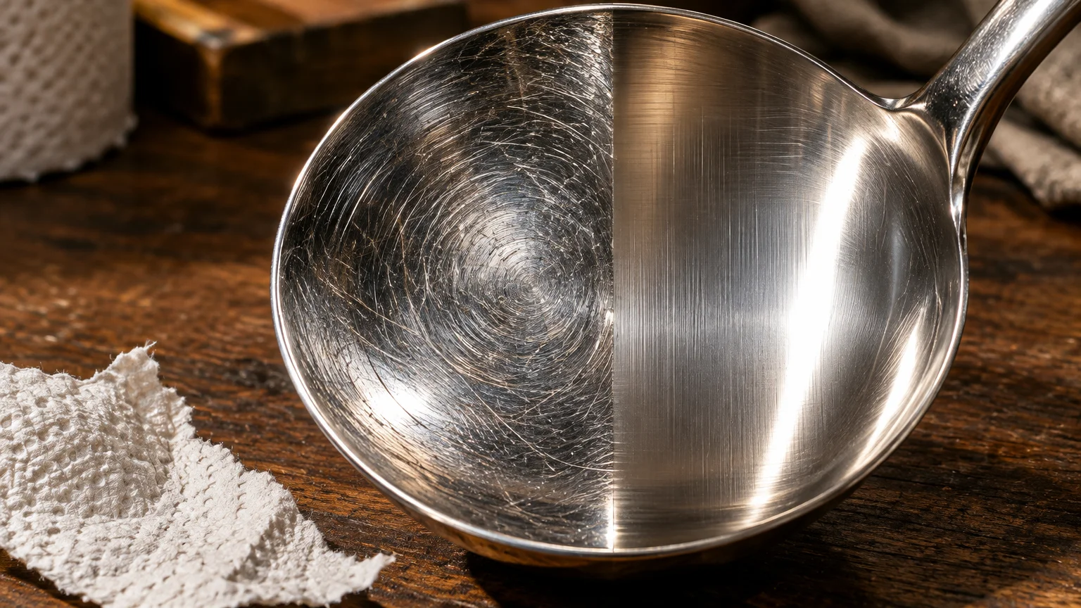 Close-up of a silver ladle showing circular scratch halos on the left side and straight vertical buffing lines on the right.