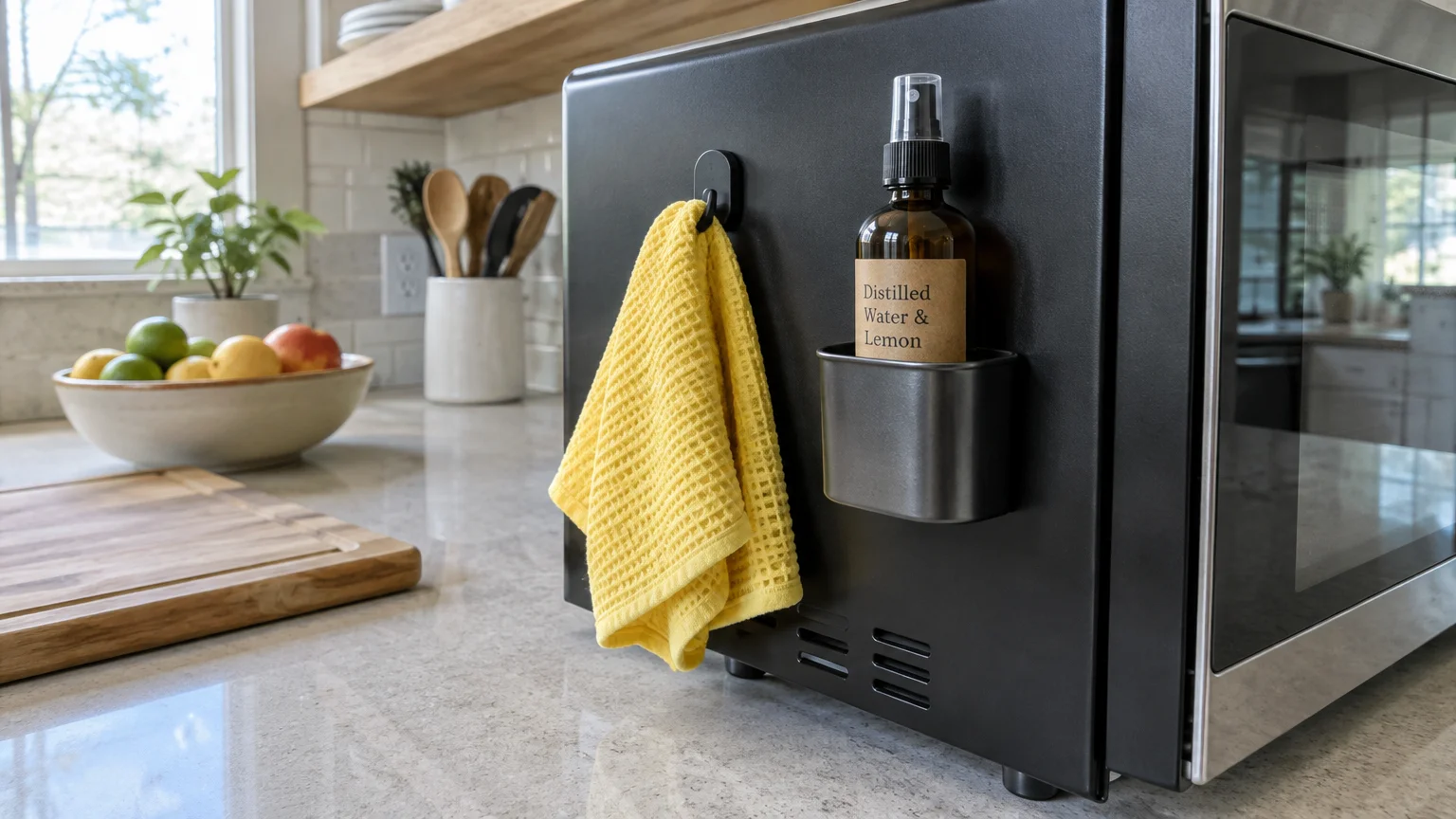 A yellow towel and spray bottle stored in magnetic holders on the side of a black microwave on a kitchen counter.