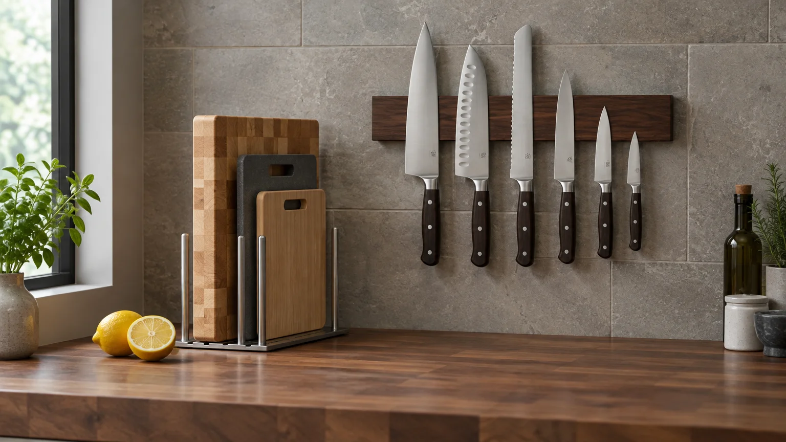 Cutting boards organized in a metal stand beside a wooden magnetic strip holding six kitchen knives on a tiled wall.