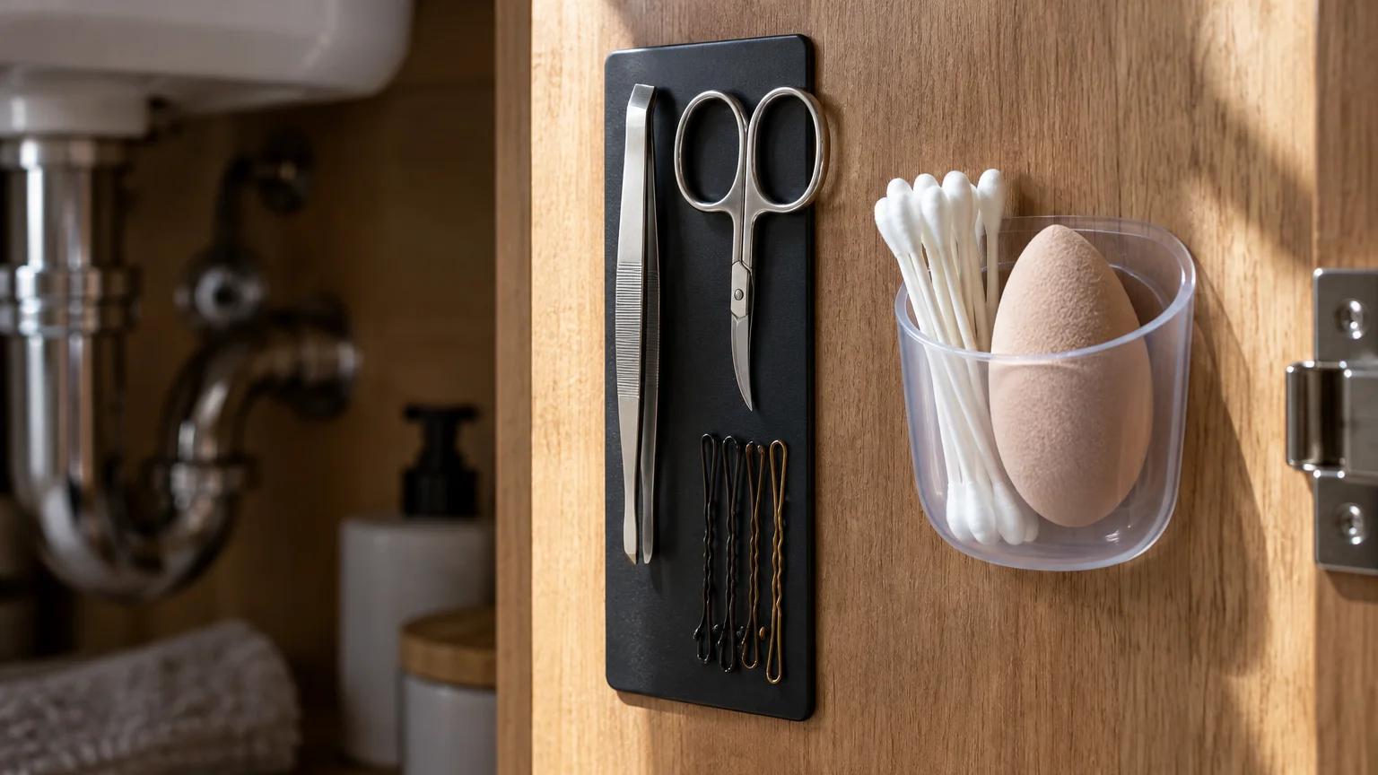Inside of a wooden cabinet door with a magnetic strip holding tweezers, scissors, and bobby pins next to a clear pod.
