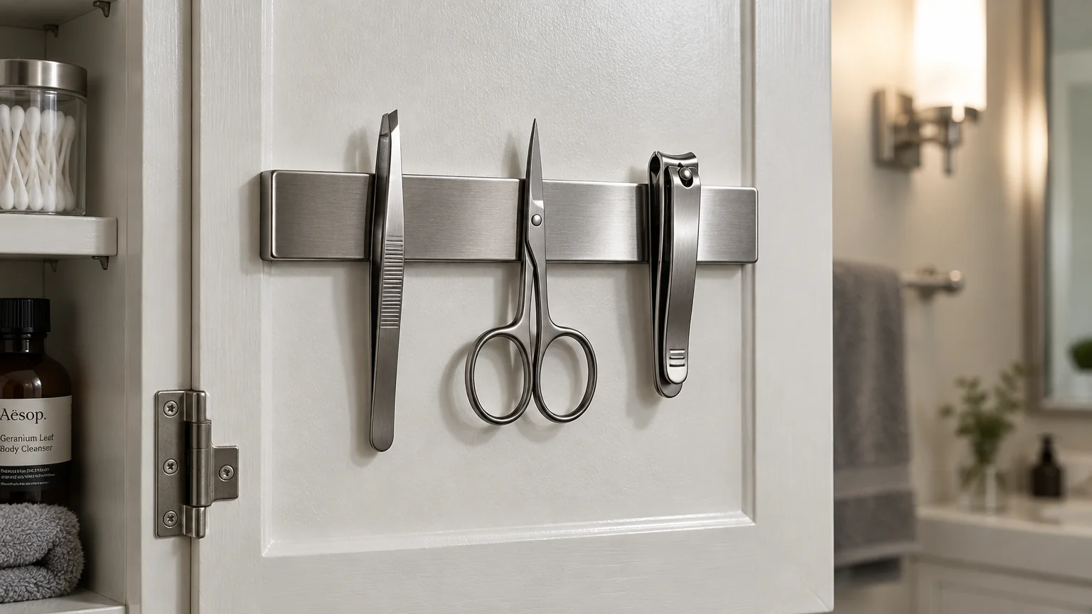 Tweezers, manicure scissors, and nail clippers hanging vertically from a magnetic strip inside a white cabinet door.