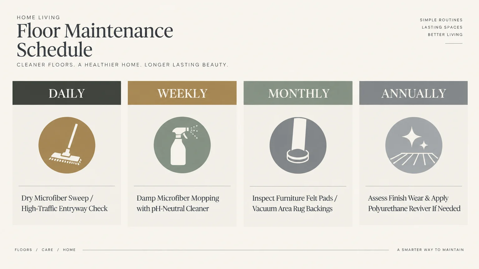 Floor maintenance schedule diagram dividing care routines into daily, weekly, monthly, and annual steps with icons.