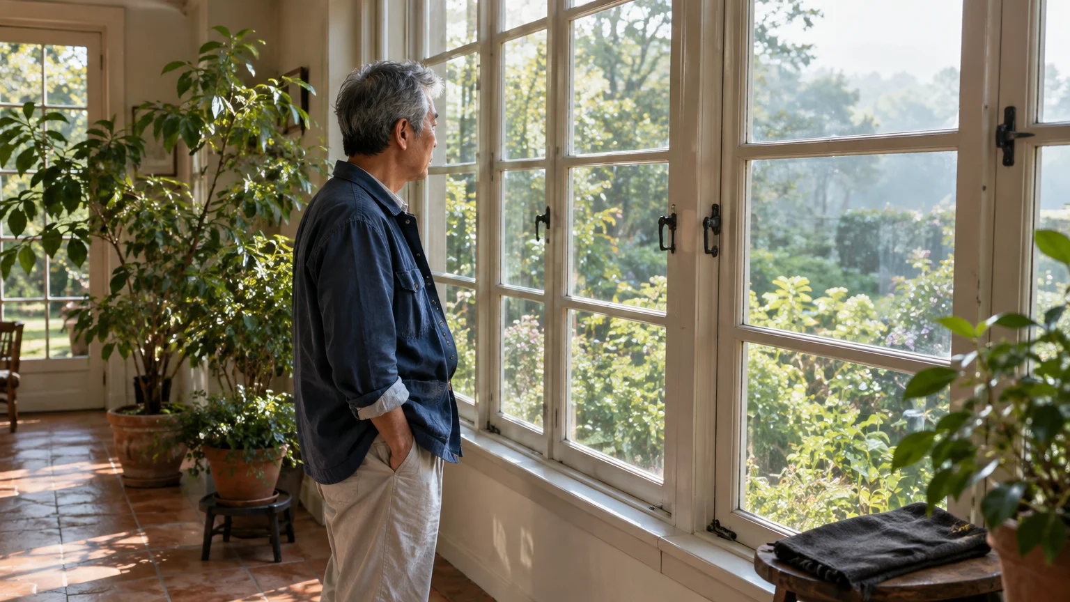 Man with grey hair looking out large paneled sunroom windows into a lush green garden.